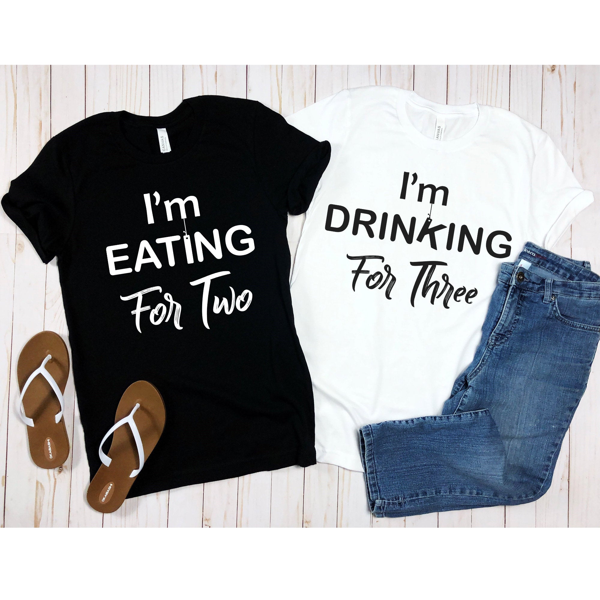 Couple Pregnancy Reveal Announcement T-Shirt | Funny I'm Eating for Two I'm Drinking for Three Tee | Pregnancy Maternity Shirt
