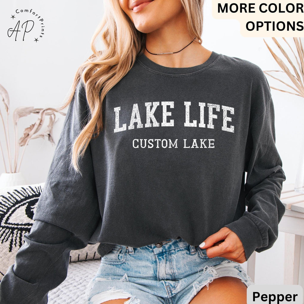 Personalized Lake Life Comfort Colors® Long Sleeve T-Shirt, Custom Lake House Long Sleeve Shirt, Lake Vacation, Gift for Travel Lover