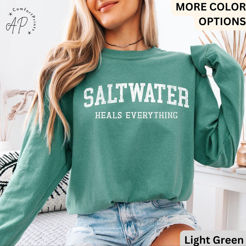 Saltwater Heals Everything Comfort Colors® Long Sleeve T-Shirt, Trendy Beach Lover Shirt, Summer Vacation, Water Heals