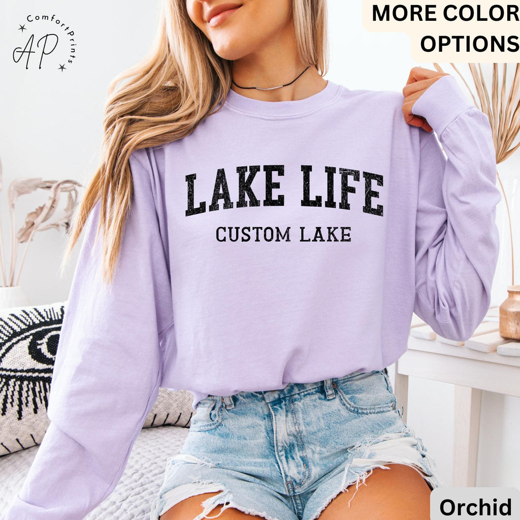 Personalized Lake Life Comfort Colors® Long Sleeve T-Shirt, Custom Lake House Long Sleeve Shirt, Lake Vacation, Gift for Travel Lover