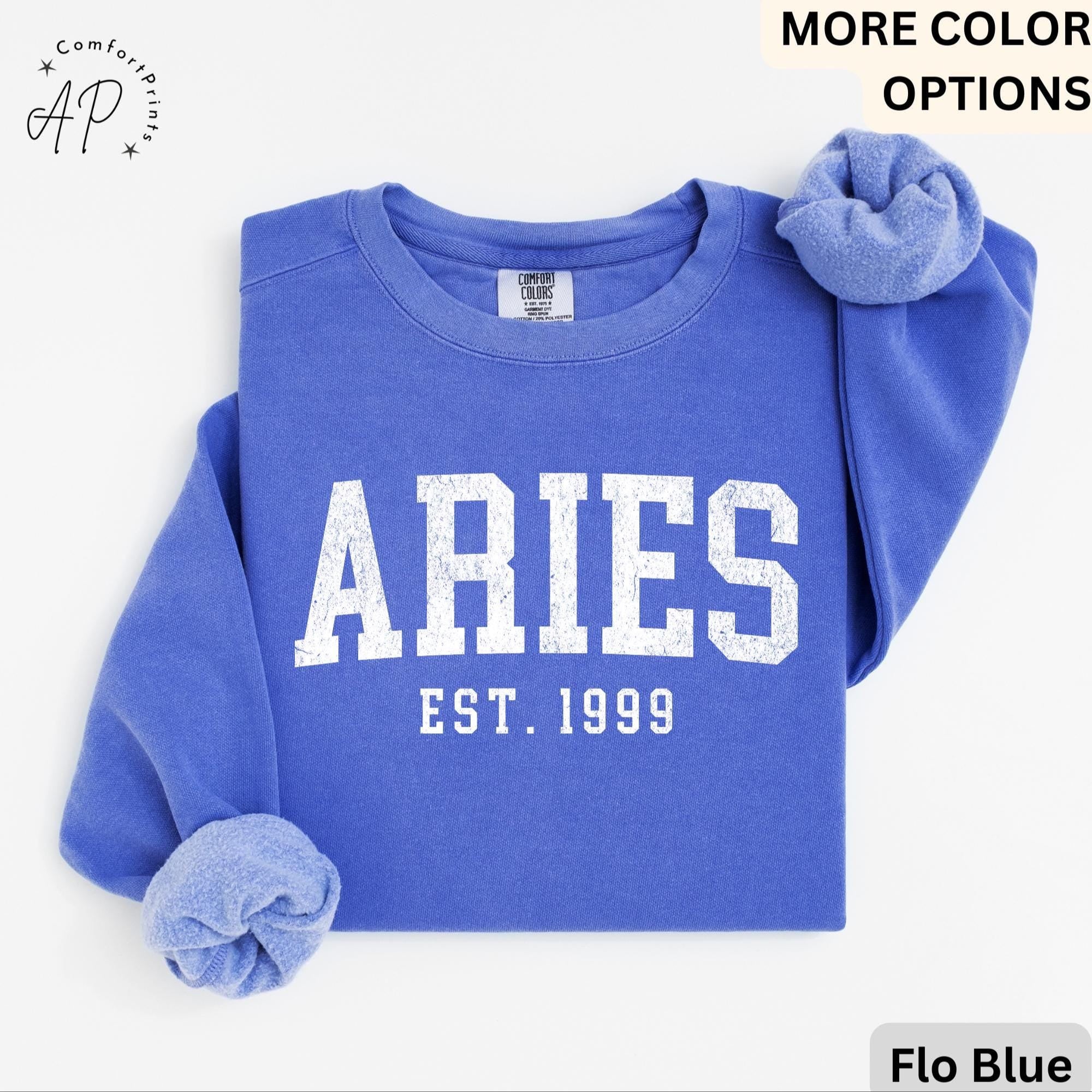 Custom Aries Comfort Colors® Sweatshirt, Personalized Aries Horoscope Birth Year Sweater, Astrology, Gift for Birthday Zodiac
