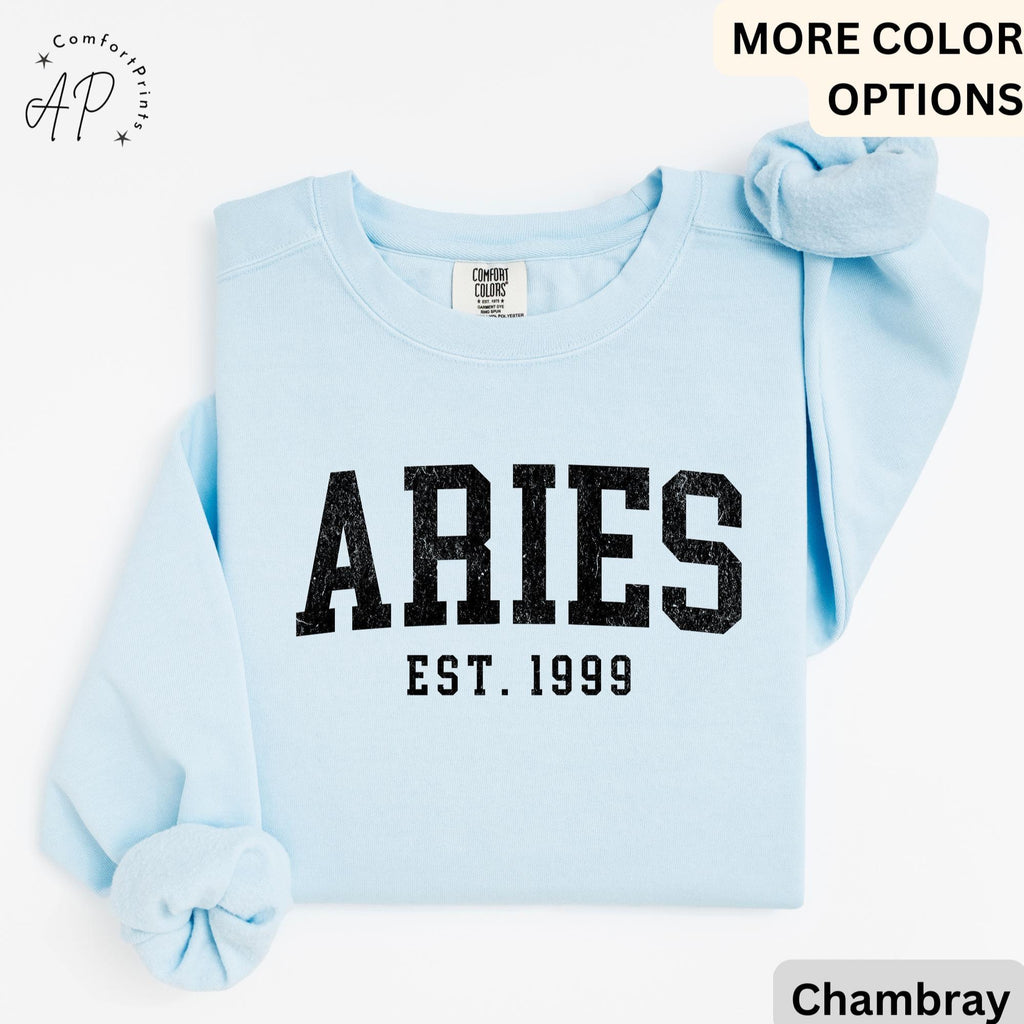 Custom Aries Comfort Colors® Sweatshirt, Personalized Aries Horoscope Birth Year Sweater, Astrology, Gift for Birthday Zodiac