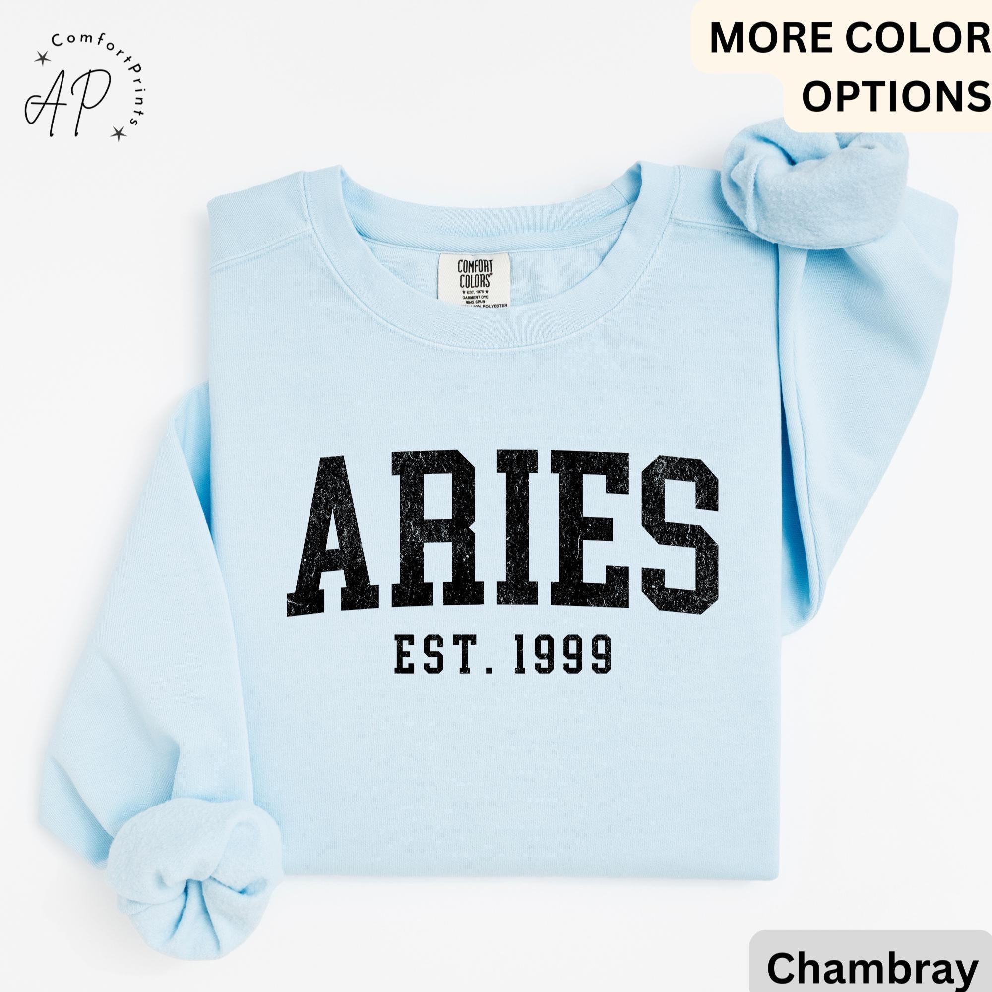 Custom Aries Comfort Colors® Sweatshirt, Personalized Aries Horoscope Birth Year Sweater, Astrology, Gift for Birthday Zodiac