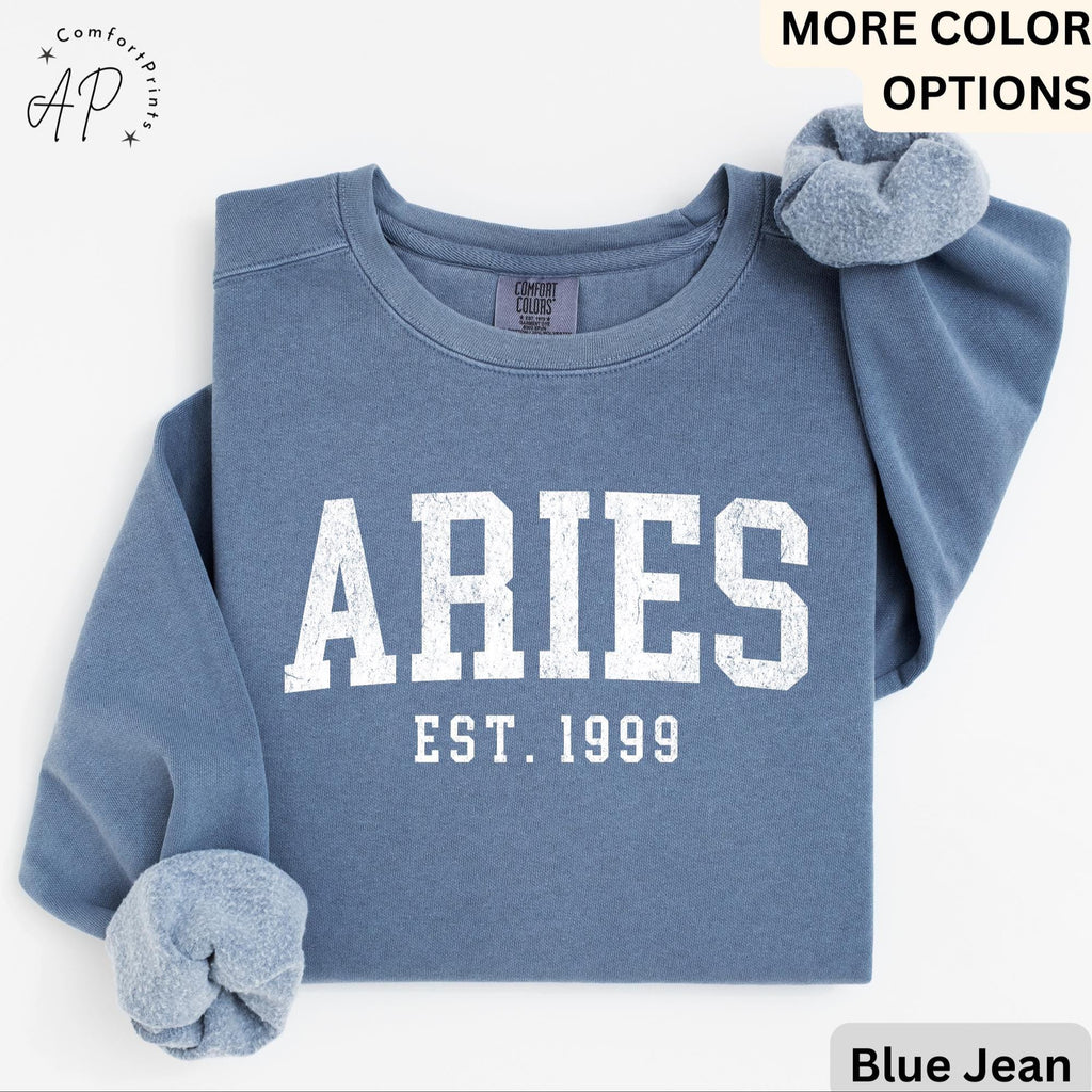 Custom Aries Comfort Colors® Sweatshirt, Personalized Aries Horoscope Birth Year Sweater, Astrology, Gift for Birthday Zodiac