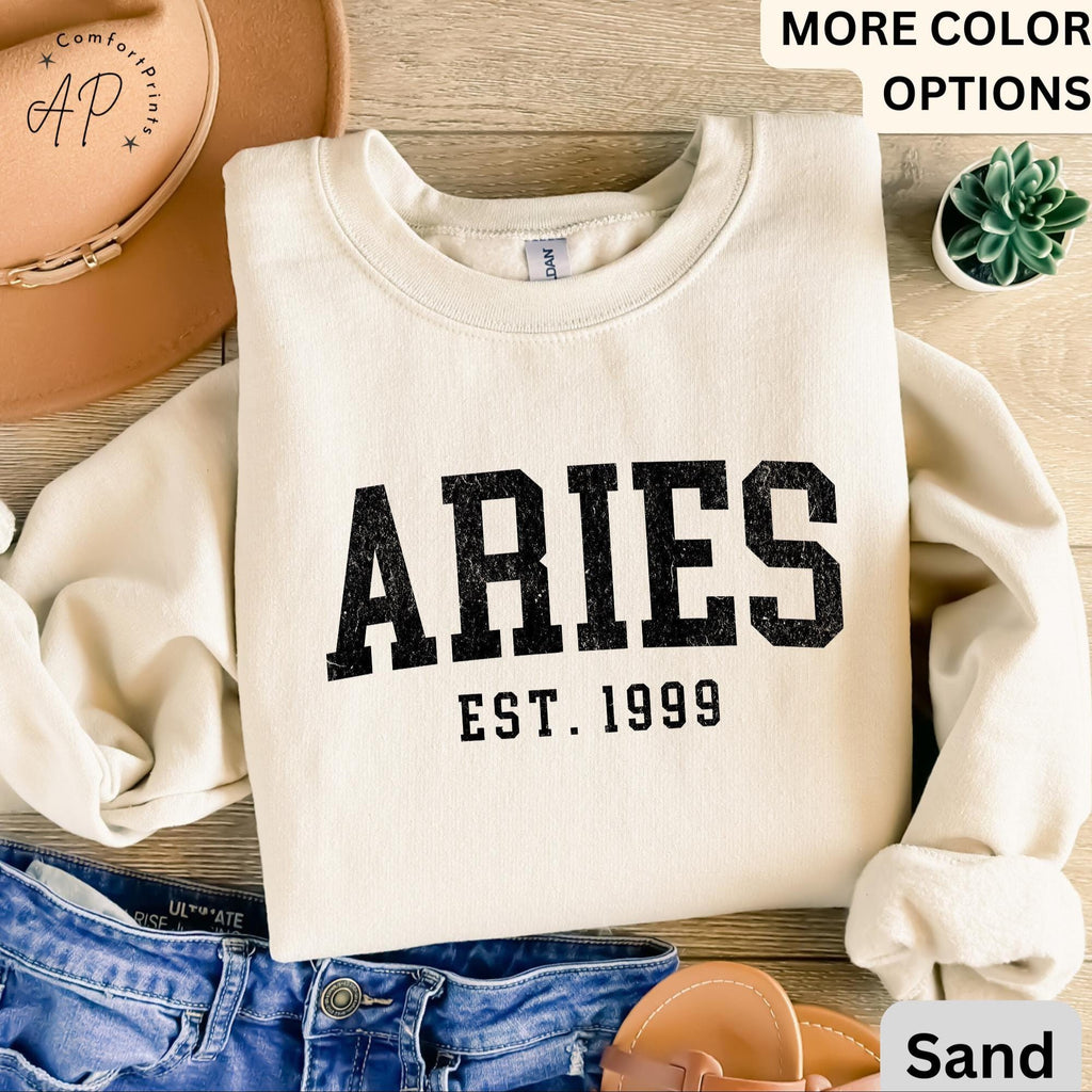 Custom Aries Comfort Colors® Sweatshirt, Personalized Aries Horoscope Birth Year Sweater, Astrology, Gift for Birthday Zodiac
