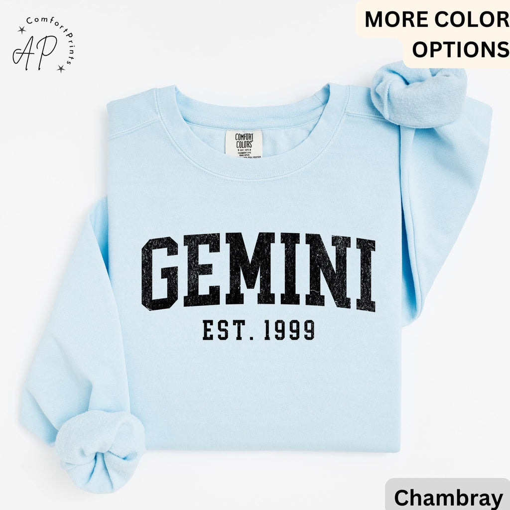 Custom Gemini Comfort Colors® Sweatshirt, Personalized Gemini Horoscope Birth Year Sweater, Astrology, Gift for Birthday Zodiac
