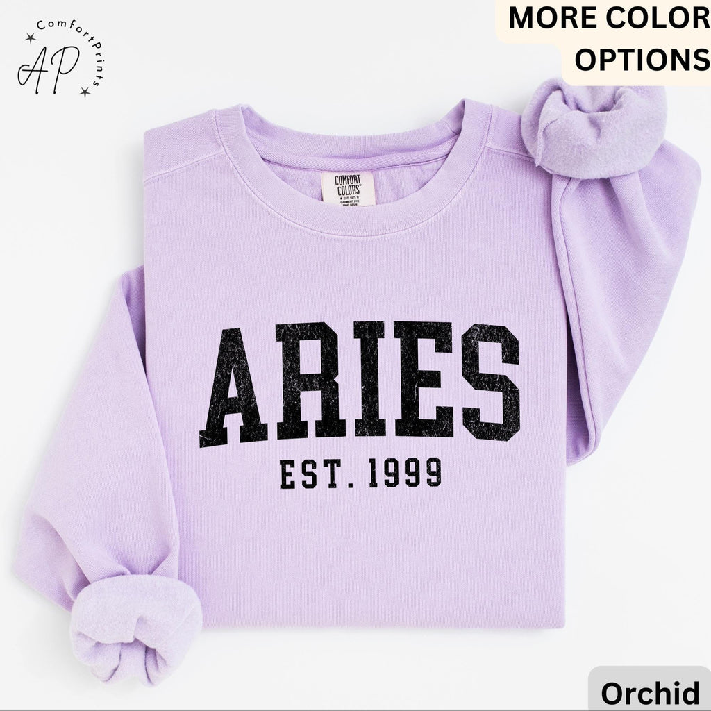 Custom Aries Comfort Colors® Sweatshirt, Personalized Aries Horoscope Birth Year Sweater, Astrology, Gift for Birthday Zodiac