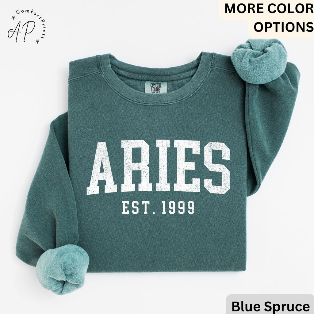 Custom Aries Comfort Colors® Sweatshirt, Personalized Aries Horoscope Birth Year Sweater, Astrology, Gift for Birthday Zodiac