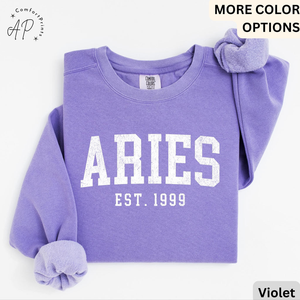 Custom Aries Comfort Colors® Sweatshirt, Personalized Aries Horoscope Birth Year Sweater, Astrology, Gift for Birthday Zodiac